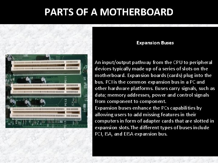 PARTS OF A MOTHERBOARD Expansion Buses An input/output pathway from the CPU to peripheral