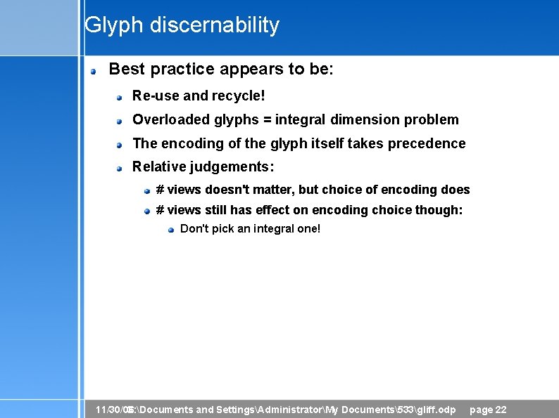 Glyph discernability Best practice appears to be: Re-use and recycle! Overloaded glyphs = integral