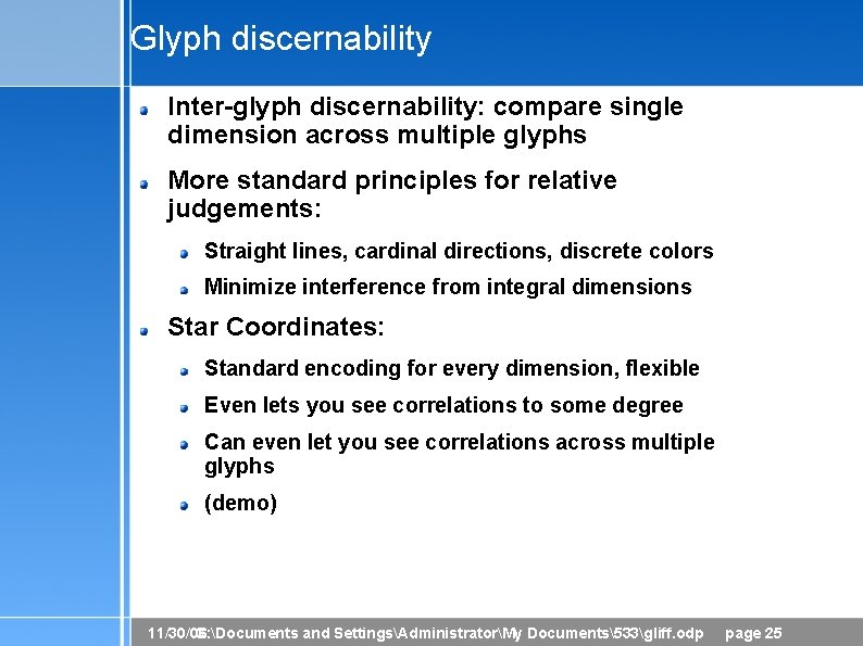 Glyph discernability Inter-glyph discernability: compare single dimension across multiple glyphs More standard principles for
