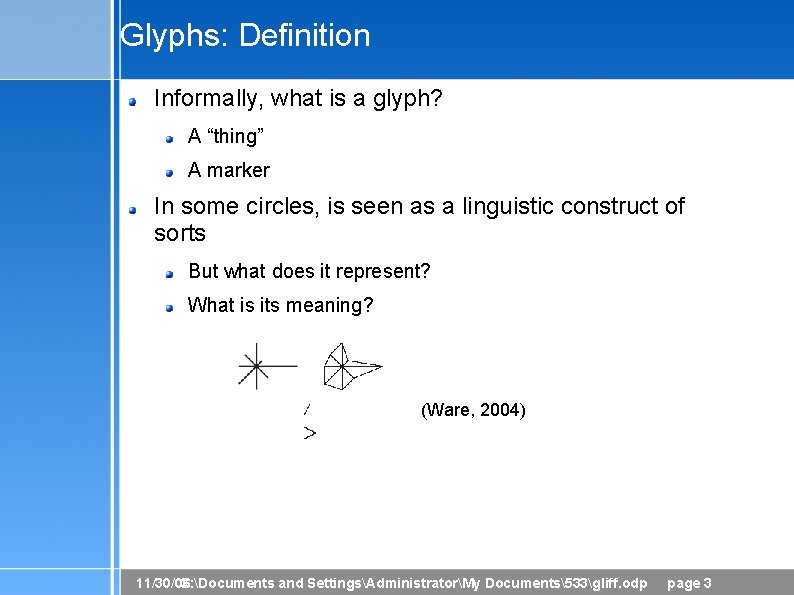 Glyphs: Definition Informally, what is a glyph? A “thing” A marker In some circles,