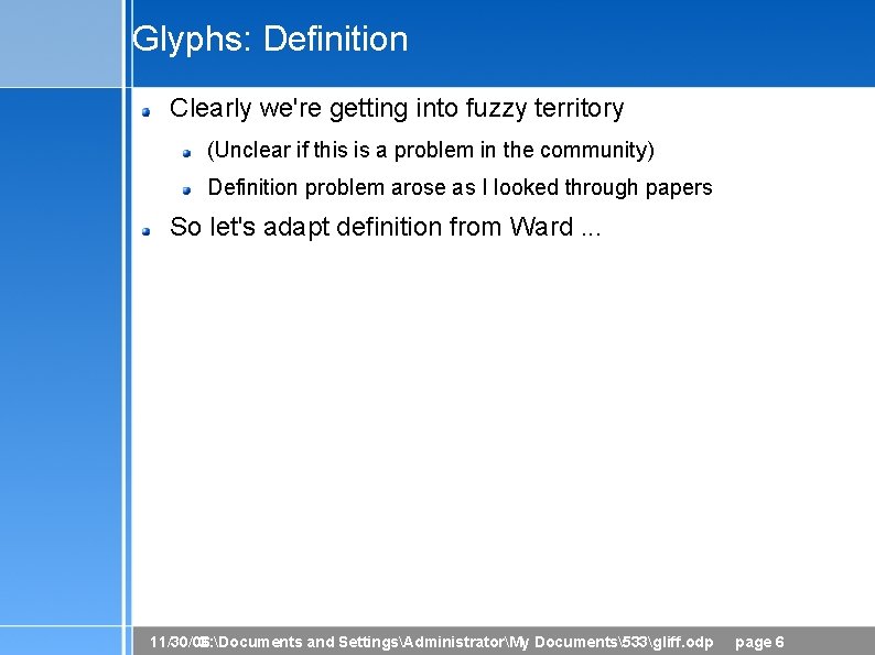 Glyphs: Definition Clearly we're getting into fuzzy territory (Unclear if this is a problem