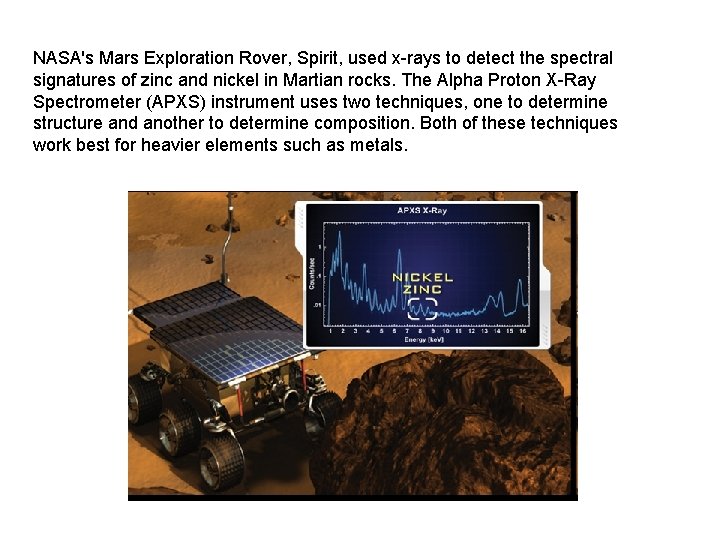 NASA's Mars Exploration Rover, Spirit, used x-rays to detect the spectral signatures of zinc