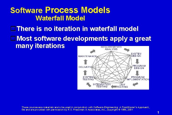 Software Process Models Waterfall Model There is no iteration in waterfall model Most software