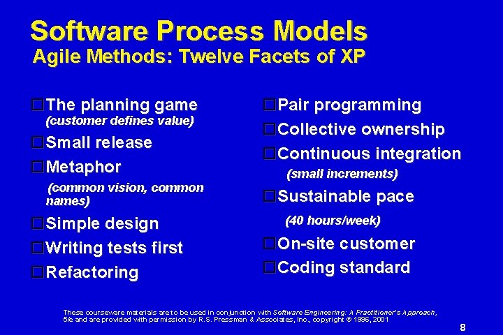 Software Process Models Agile Methods: Twelve Facets of XP The planning game (customer defines