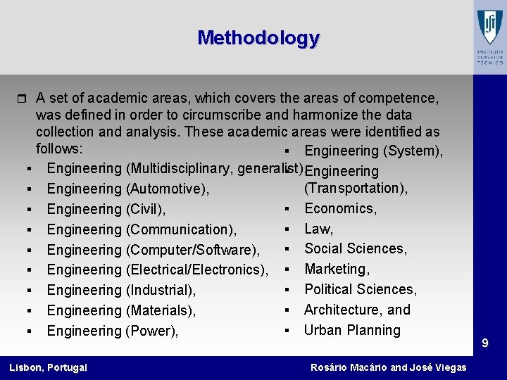  Methodology r A set of academic areas, which covers the areas of competence,