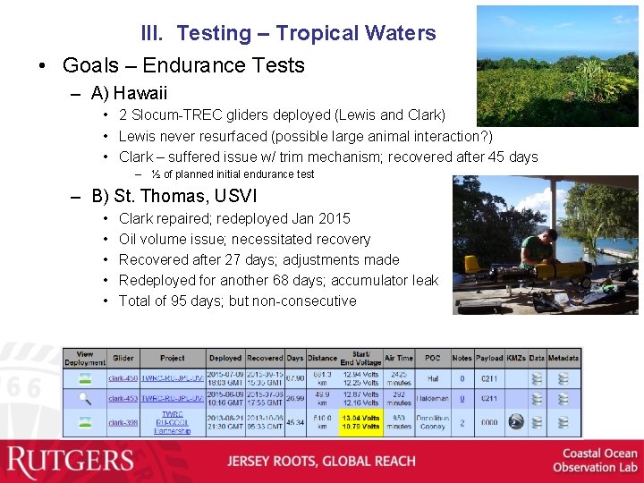 III. Testing – Tropical Waters • Goals – Endurance Tests – A) Hawaii •