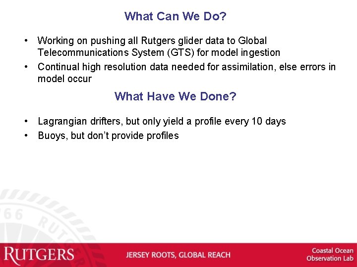 What Can We Do? • Working on pushing all Rutgers glider data to Global