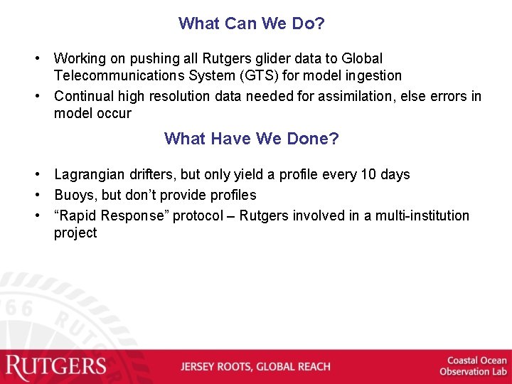 What Can We Do? • Working on pushing all Rutgers glider data to Global