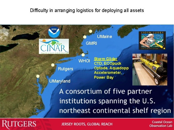 Difficulty in arranging logistics for deploying all assets UMaine GMRI WHOI Storm Glider Rutgers