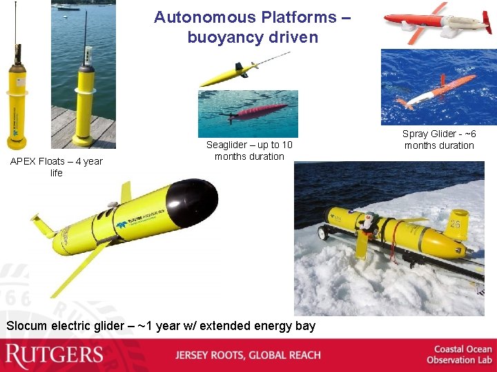 Autonomous Platforms – buoyancy driven APEX Floats – 4 year life Seaglider – up
