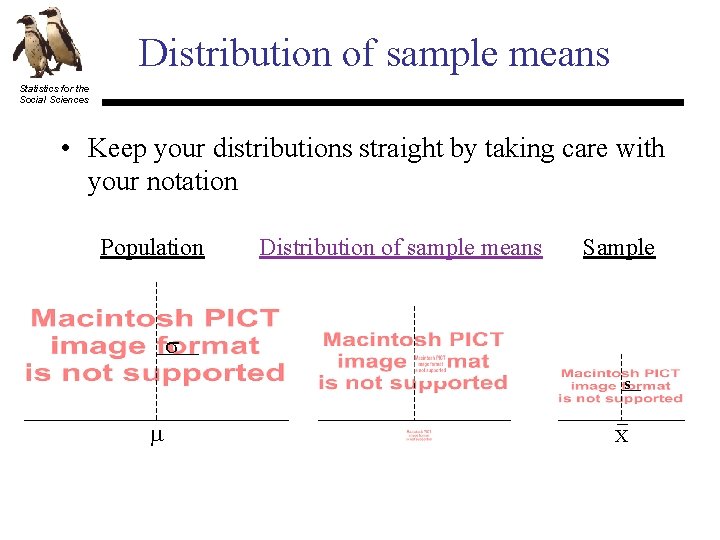 Distribution of sample means Statistics for the Social Sciences • Keep your distributions straight