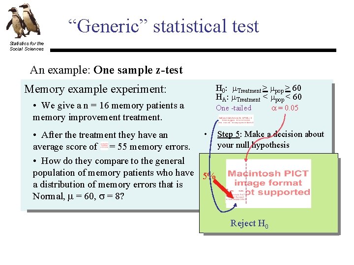 “Generic” statistical test Statistics for the Social Sciences An example: One sample z-test Memory