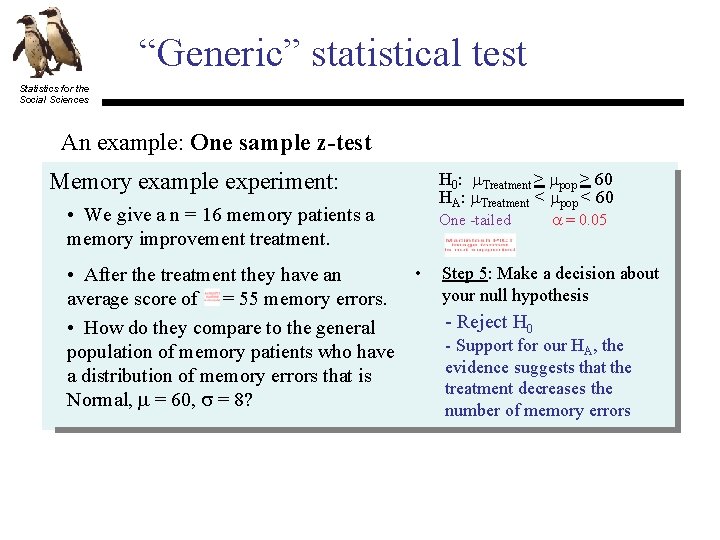 “Generic” statistical test Statistics for the Social Sciences An example: One sample z-test Memory