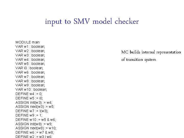 input to SMV model checker MODULE main VAR w 1 : boolean; VAR w
