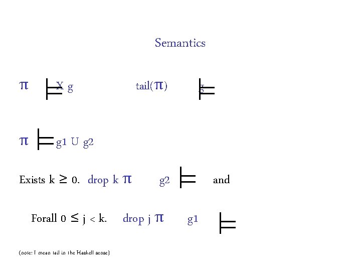 Semantics π Xg π g 1 U g 2 Exists k ≥ 0. drop