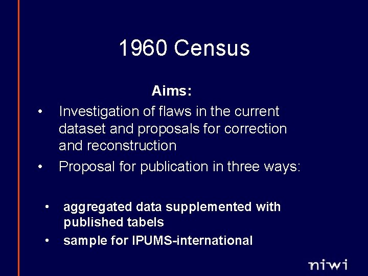 1960 Census Aims: Investigation of flaws in the current dataset and proposals for correction