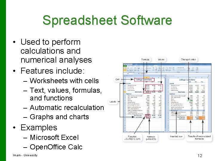 Spreadsheet Software • Used to perform calculations and numerical analyses • Features include: –