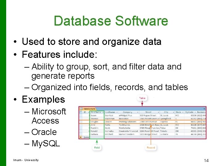 Database Software • Used to store and organize data • Features include: – Ability