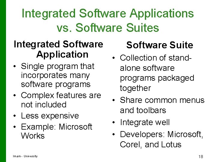 Integrated Software Applications vs. Software Suites Integrated Software Suite Application • Collection of stand-