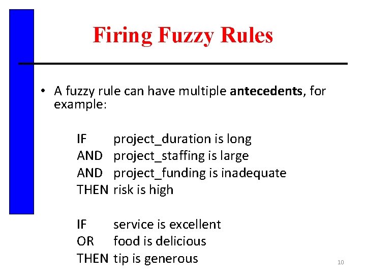 Firing Fuzzy Rules • A fuzzy rule can have multiple antecedents, for example: IF