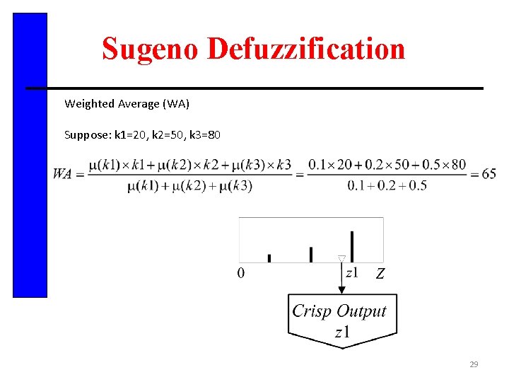 Sugeno Defuzzification Weighted Average (WA) Suppose: k 1=20, k 2=50, k 3=80 29 