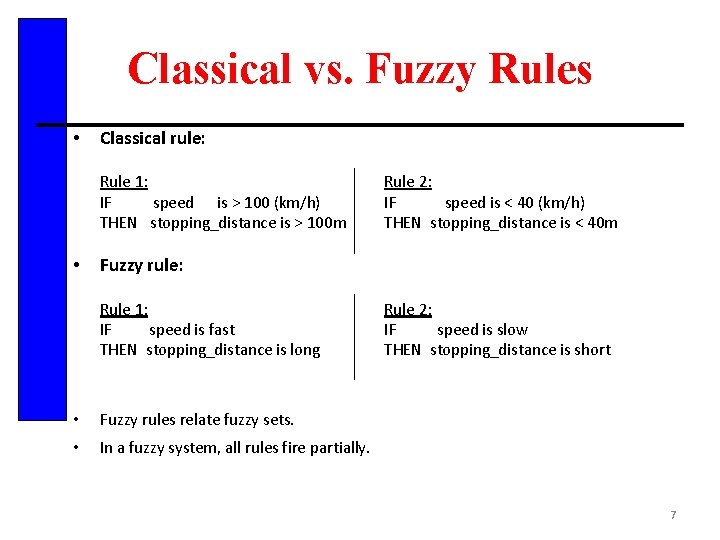Classical vs. Fuzzy Rules • Classical rule: Rule 1: Rule 2: IF speed is