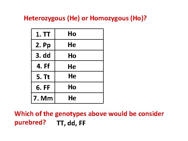 Heterozygous (He) or Homozygous (Ho)? 1. TT 2. Pp 3. dd 4. Ff 5.