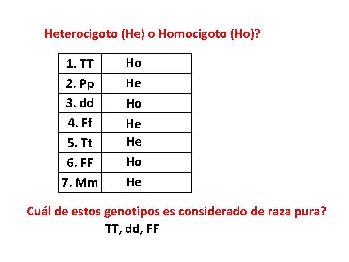 Heterocigoto (He) o Homocigoto (Ho)? 1. TT 2. Pp 3. dd 4. Ff 5.