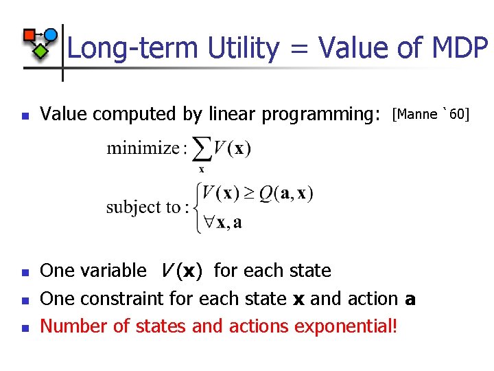 Long-term Utility = Value of MDP n n Value computed by linear programming: [Manne