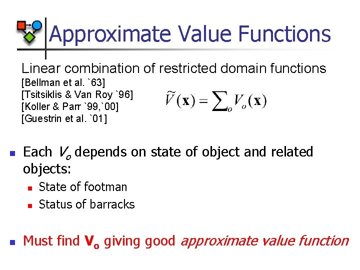 Approximate Value Functions Linear combination of restricted domain functions [Bellman et al. `63] [Tsitsiklis