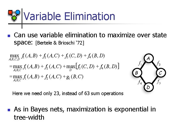 Variable Elimination n Can use variable elimination to maximize over state space: [Bertele &