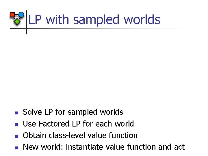 LP with sampled worlds n n Solve LP for sampled worlds Use Factored LP
