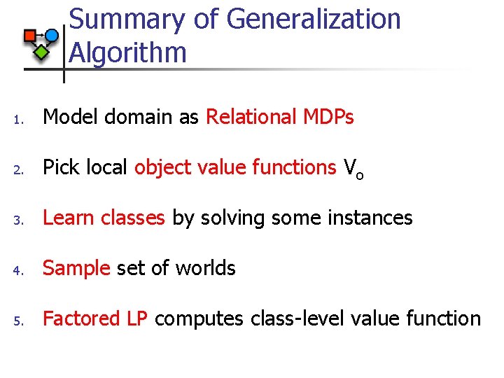 Summary of Generalization Algorithm 1. Model domain as Relational MDPs 2. Pick local object