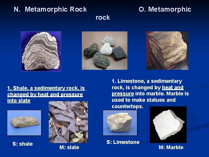 N. Metamorphic Rock O. Metamorphic rock 1. Shale, a sedimentary rock, is changed by