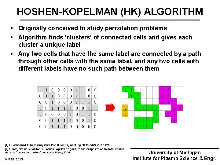 HOSHEN-KOPELMAN (HK) ALGORITHM Originally conceived to study percolation problems Algorithm finds ‘clusters’ of connected