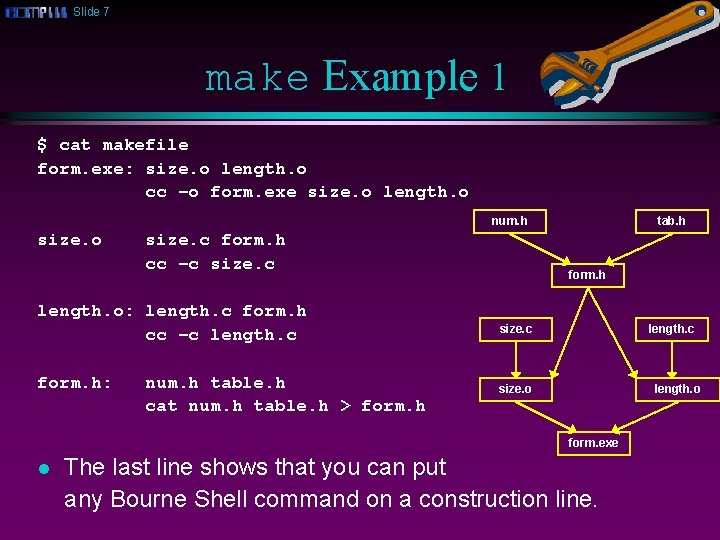 Slide 7 make Example 1 $ cat makefile form. exe: size. o length. o