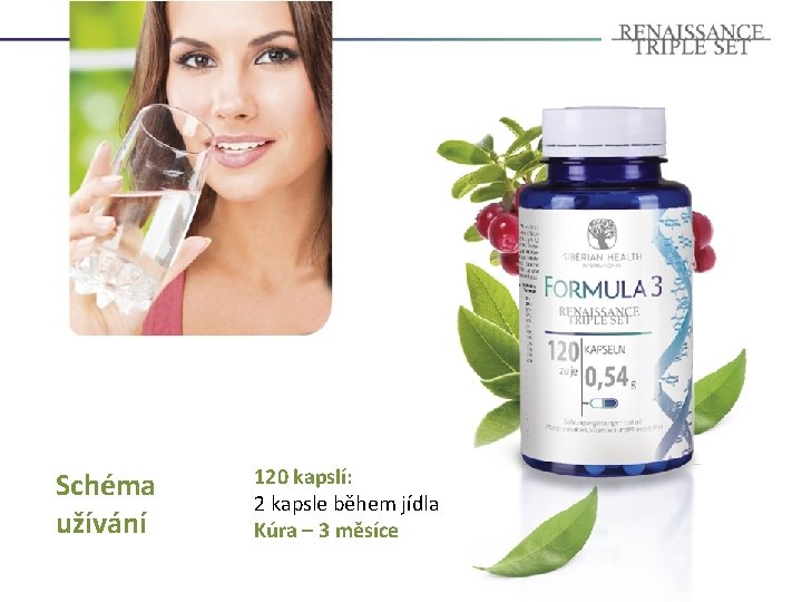 Schéma užívání 120 kapslí: 2 kapsle během jídla Kúra – 3 měsíce 