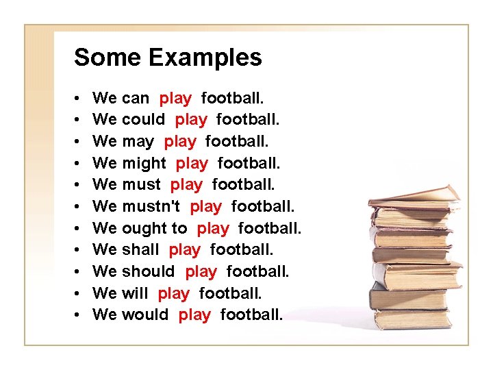 Some Examples • • • We can play football. We could play football. We