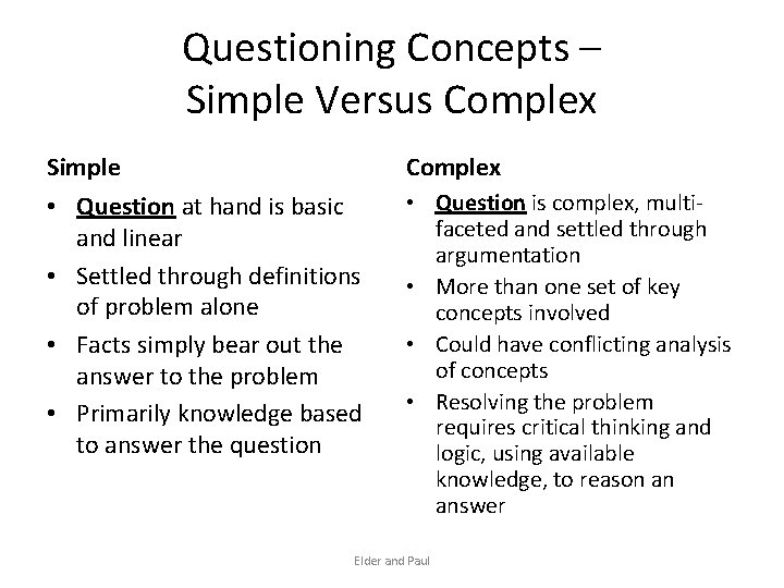 Questioning Concepts – Simple Versus Complex Simple Complex • Question at hand is basic