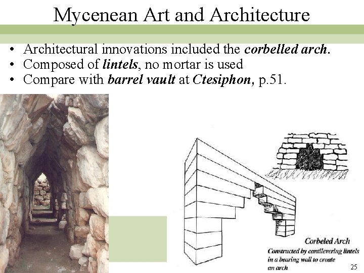 Mycenean Art and Architecture • Architectural innovations included the corbelled arch. • Composed of Mycenean Art and Architecture • Architectural innovations included the corbelled arch. • Composed of