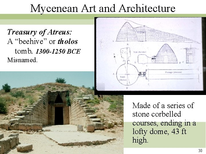 Mycenean Art and Architecture Treasury of Atreus: A “beehive” or tholos tomb. 1300 -1250 Mycenean Art and Architecture Treasury of Atreus: A “beehive” or tholos tomb. 1300 -1250