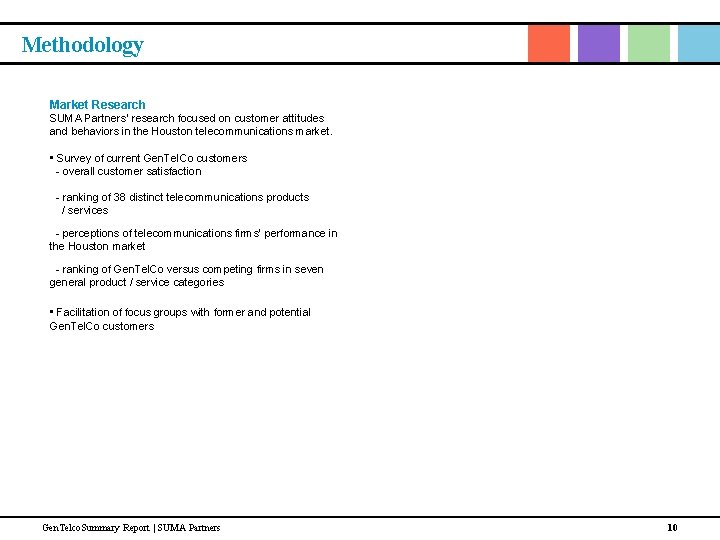 Methodology Market Research SUMA Partners’ research focused on customer attitudes and behaviors in the