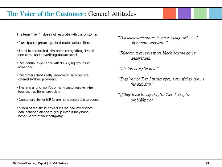 The Voice of the Customer: General Attitudes The term “Tier 1” does not resonate