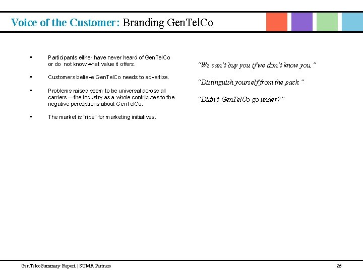 Voice of the Customer: Branding Gen. Tel. Co • Participants either have never heard