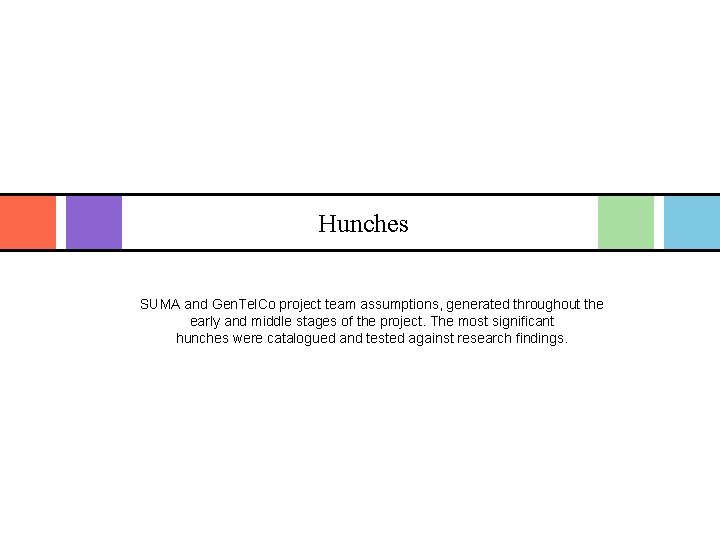 Hunches SUMA and Gen. Tel. Co project team assumptions, generated throughout the early and Hunches SUMA and Gen. Tel. Co project team assumptions, generated throughout the early and