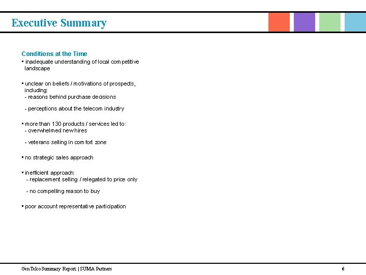 Executive Summary Conditions at the Time • inadequate understanding of local competitive landscape •