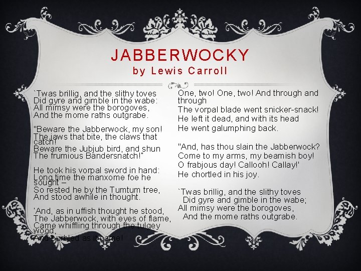 JABBERWOCKY by Lewis Carroll `Twas brillig, and the slithy toves Did gyre and gimble