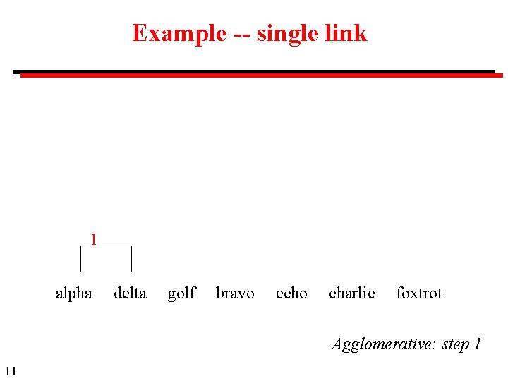 Example -- single link 1 alpha delta golf bravo echo charlie foxtrot Agglomerative: step