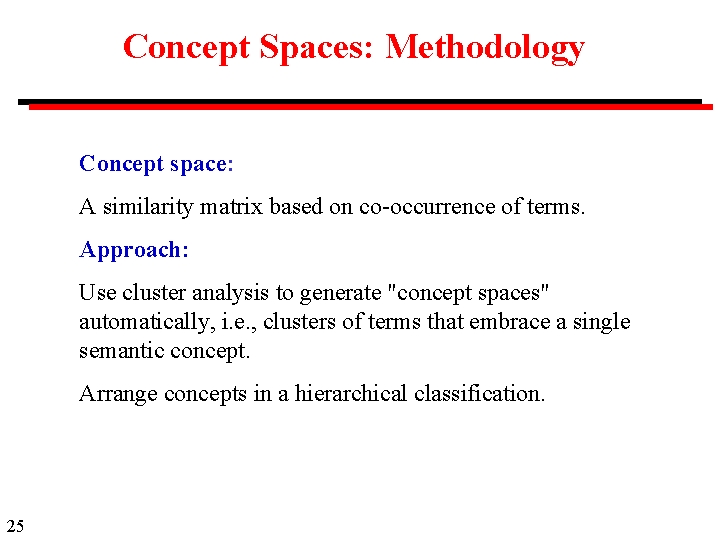 Concept Spaces: Methodology Concept space: A similarity matrix based on co-occurrence of terms. Approach: