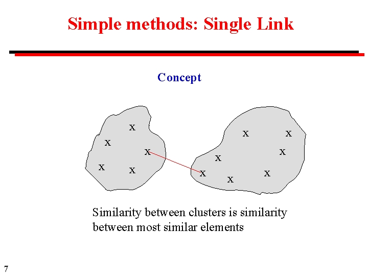 Simple methods: Single Link Concept x x x Similarity between clusters is similarity between